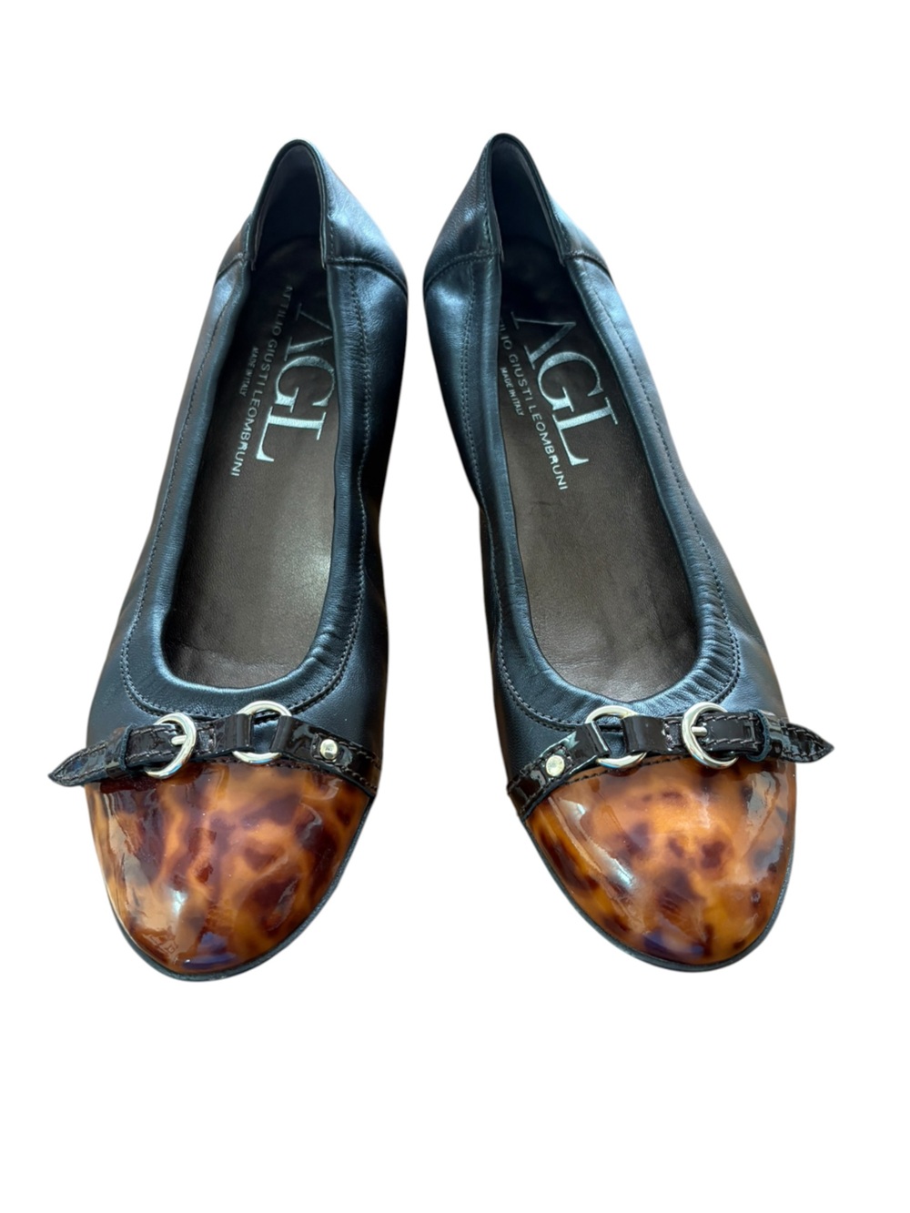 AGL Tortoiseshell Cap Toe Black Leather Ballet Flats Size 39.5 / US 9.5